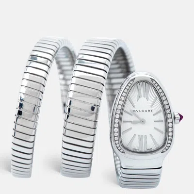 Pre-owned Bvlgari Silver Opaline Guilloché Soleil Stainless Steel Diamond Serpenti Tubogas 101910 Women's Wristwatch 3