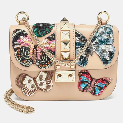 Pre-owned Valentino Garavani Beige Leather Small Butterfly Beads Rockstud Glam Lock Bag