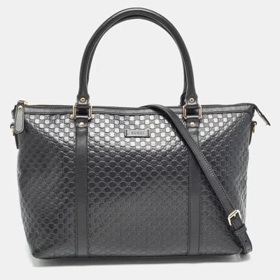 Pre-owned Gucci Ssima Leather Zip Tote In Black
