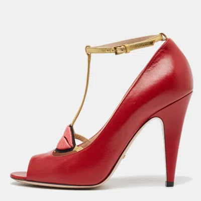 Pre-owned Gucci Red/gold Leather Molina Pumps Size 38.5