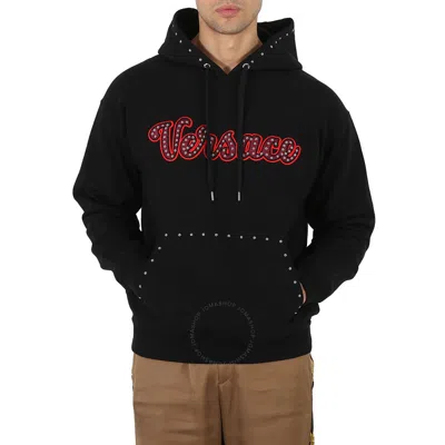 Versace Studded Varsity Logo Cotton-jersey Hoodie In Black