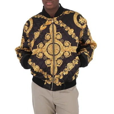 Versace Heritage Print Poly Twill Bomber Jacket In Gold Tone/black