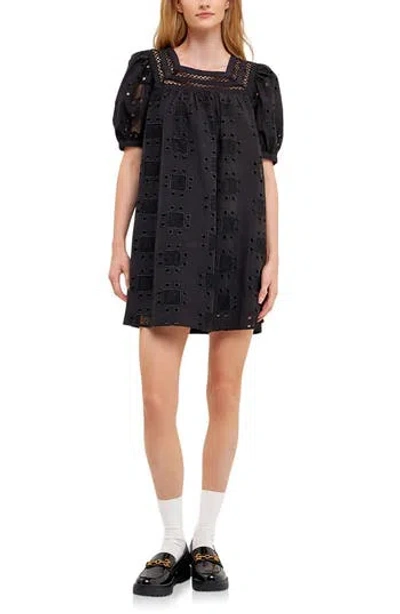English Factory Embroidered Cotton Eyelet Shift Dress In Black