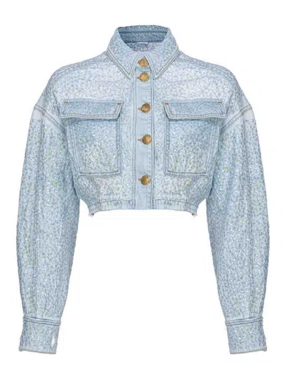 Pinko Sequin-embellished Cropped Denim Jacket In Light Wash