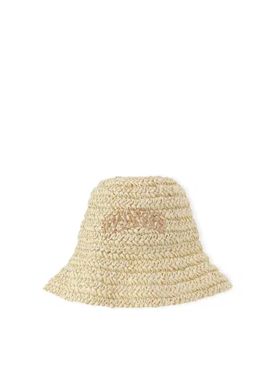 Ganni Neutral Embroidered Straw Bucket Hat In Beige