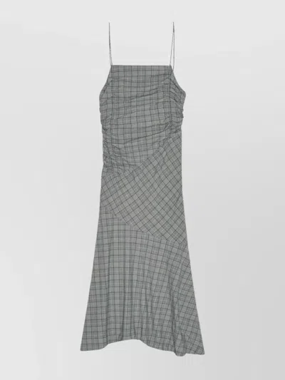 Ganni Ruched Checked Midi Dress In Frost Gray
