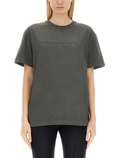Alexander Wang T-shirt With Embossed Logo In Charcoal
