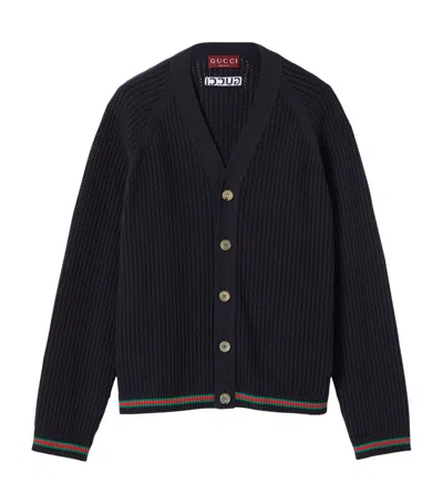 Gucci Ajour Cotton Knit Cardigan With Web In Blue