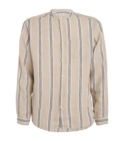 Oliver Spencer Linen Striped Grandad Shirt In Beige