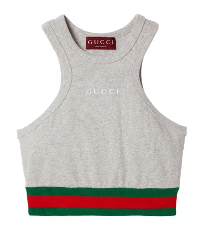 Gucci Cotton Rib Tank Top With Web In Grey,mix