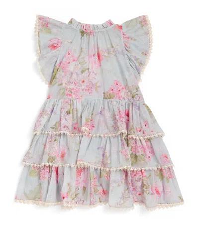 Zimmermann Kids' Girl's Halliday Floral-print Tiered Dress In Blue Watercolour