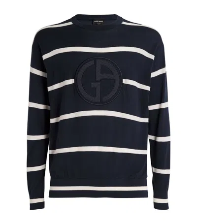 Giorgio Armani Striped Logo Sweater In Blue