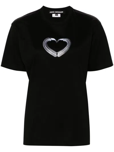 Junya Watanabe Graphic-heart Print Cotton T-shirt In Black