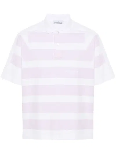 Stone Island Striped Cotton Polo Shirt In White