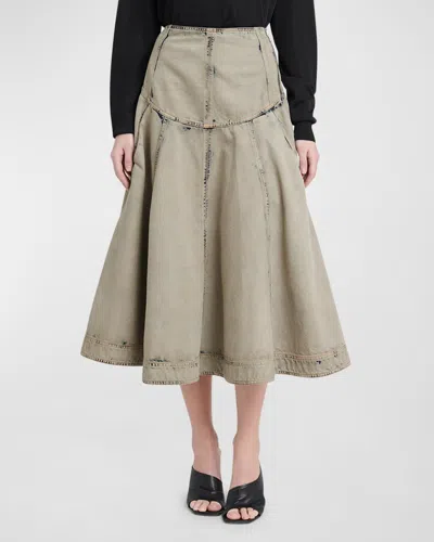Ferragamo Drop-waist Acid Wash Denim Midi Skirt In Gray