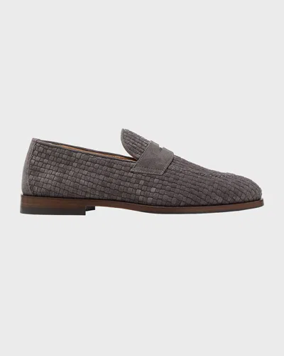 Brunello Cucinelli Men's Woven Suede Penny Loafers In Grey 