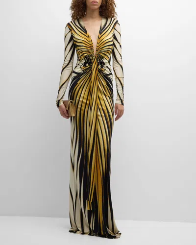 Roberto Cavalli Long Printed Knot-front Gown In Giallo Sen C 150850