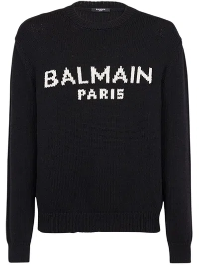 Balmain Crewneck Sweater With Print In Black
