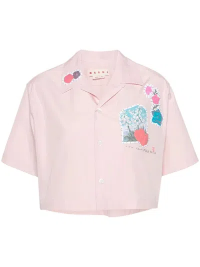 Marni Short Shirt With Floral Patch In Pink & Purple