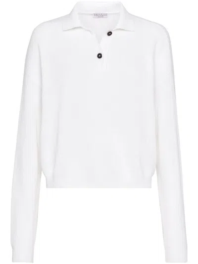 Brunello Cucinelli Women's Cotton English Rib Polo Style Sweater With Monili In White