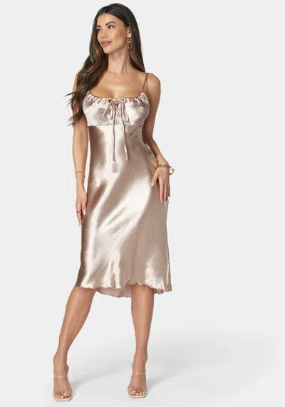 Bebe Hammered Satin Rouche Midi Dress With Tie In Mocha