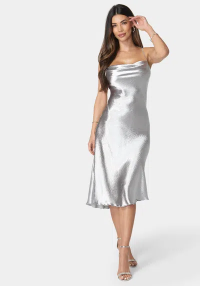 Bebe Hammered Satin Rhinestone Dress In Silver