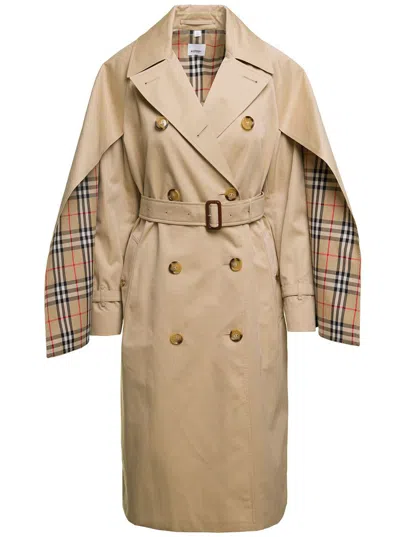 Burberry Beige Trench Coat With Cape Lined Sleeves In Cotton Woman In Neutral