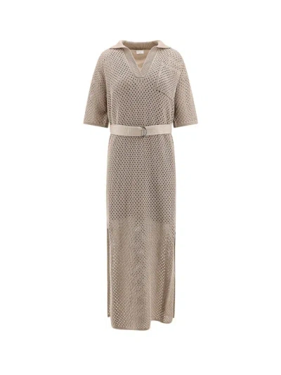 Brunello Cucinelli Belted Open-knit Cotton Midi Dress In Neutrals