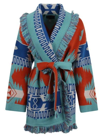 Alanui Tiger Lily Icon Jacquard Belted Cardigan In Blue