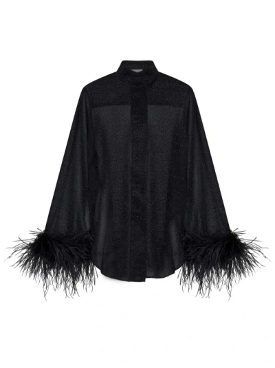 Oseree 'lumière' Black Relaxed Shirt With Tonal Feathers In Polyamide Blend Woman