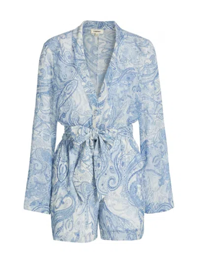 L Agence Arabell Romper Ivory/blue Decorated Paisley In Ivory/ Blue