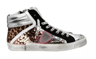 Philippe Model Elegant Grey Leather Trainers With Sequin Details