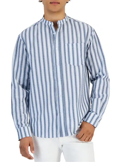 And Now This Mens Banded Collar Striped Button-down Shirt In Blue