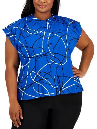 Calvin Klein Plus Womens Cap Sleeve Printed Blouse In Blue