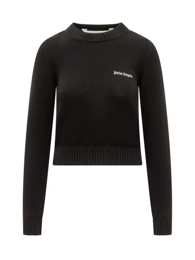 Palm Angels Logo Embroidered Crewneck Knitted Jumper In Black Off