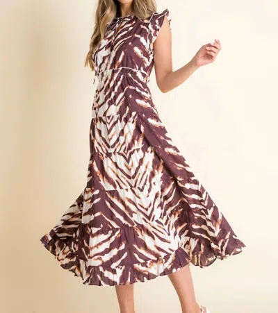 Thml Ruffle Sleeve Tiered Midi Dress In Brown In Multi