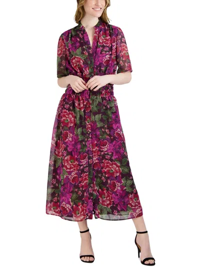Donna Ricco Womens Floral Print Chiffon Shirtdress In Purple