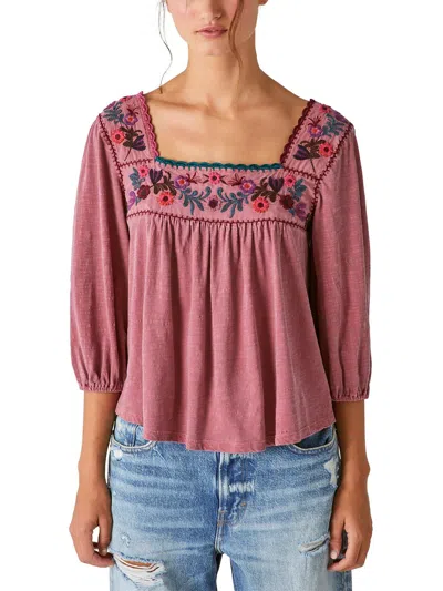 Lucky Brand Womens Square Neckline Embroidered Peasant Top In Pink