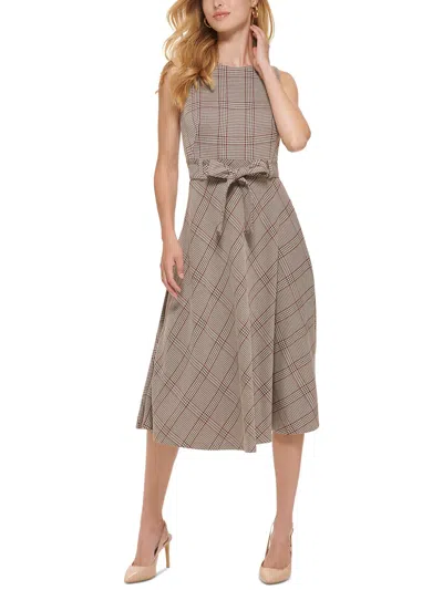 Calvin Klein Petites Womens Plaid Polyester Midi Dress In Beige
