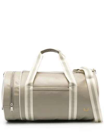 Fred Perry Recycled Polyester Classic Barrel Bag In Warm Grey/ecru V66
