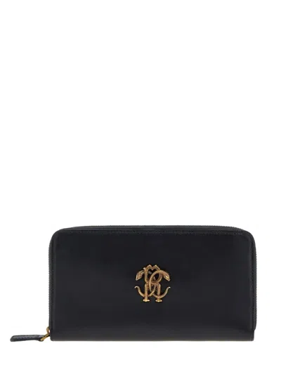 Roberto Cavalli Monogram-plaque Leather Wallet In Black