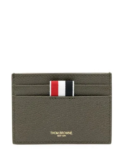 Thom Browne Single Card Holder In Pebble Grain Leather Accessories In Green