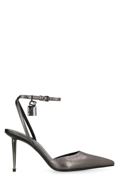 Tom Ford Padlock Leather Slingback Pumps In Silver