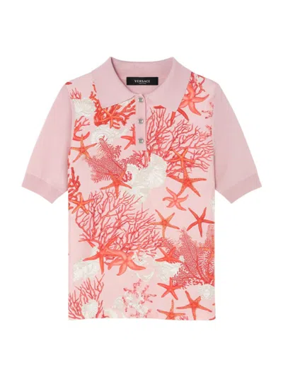 Versace Short-sleeved Sea-print Polo Shirt In Dusty Rose Coral