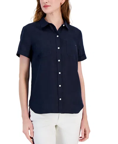 Tommy Hilfiger Women's Linen Pocket Logo Camp Shirt In Sky Captain