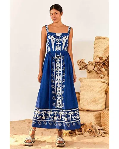 Farm Rio Embroidered Linen-blend Maxi Dress In Blue