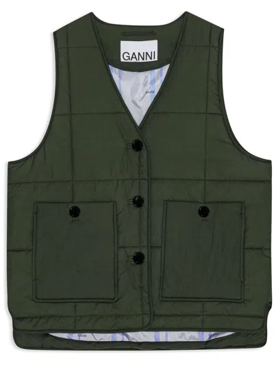 Ganni Button-up Quilted Gilet In Green