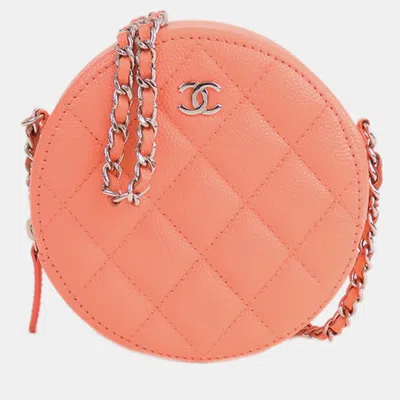 Pre-owned Chanel Quilted Caviar Round Clutch With Chain In Orange