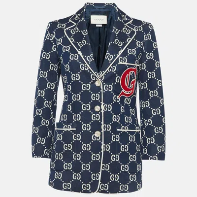 Pre-owned Gucci Navy Blue Gg Jacquard Applique Detail Jersey Jacket S
