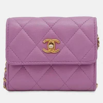 Pre-owned Chanel Lambskin Mini Pearl Crush Wallet With Chain In Purple